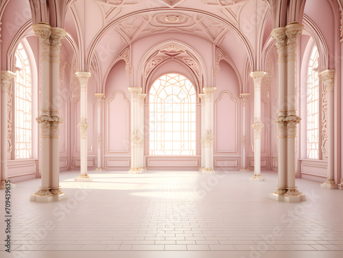 Luxury Interior of a royal palace with arches and columns, 3d render, classic and minimal style, big space with no people © wing