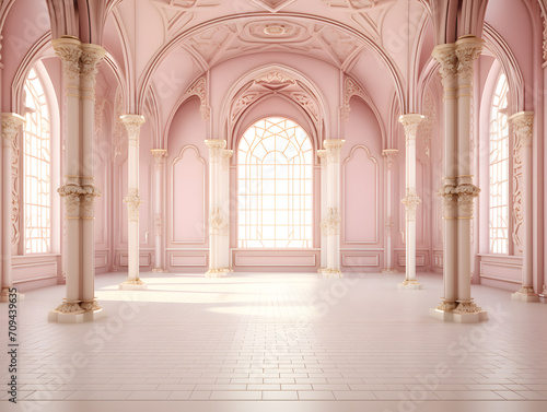 Luxury Interior of a royal palace with arches and columns  3d render  classic and minimal style  big space with no people