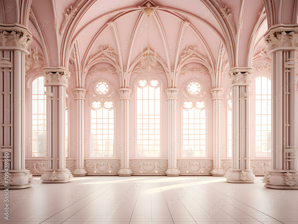 Luxury Interior of a royal palace with arches and columns, 3d render, classic and minimal style, big space with no people