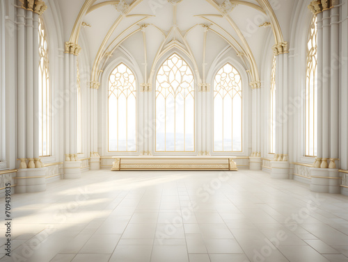 Luxury Interior of a royal palace with arches and columns, 3d render, classic and minimal style, big space with no people