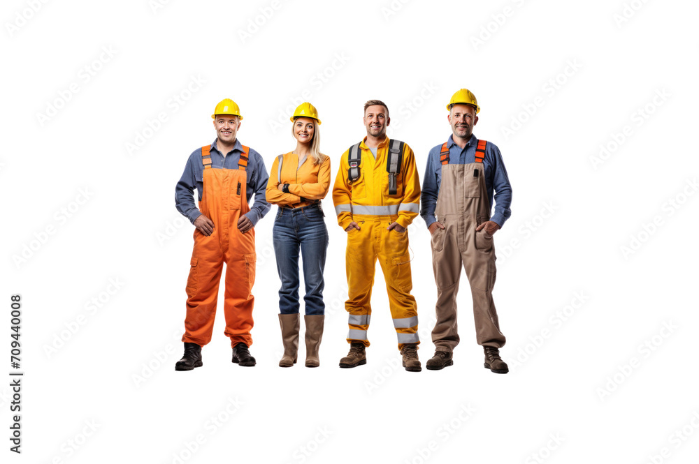 A group of construction workers, one man and two women, standing and smiling looking at the camera against a transparent background. A group of construction workers, one man and two women, standing and smiling looking at the camera against a transparent background.