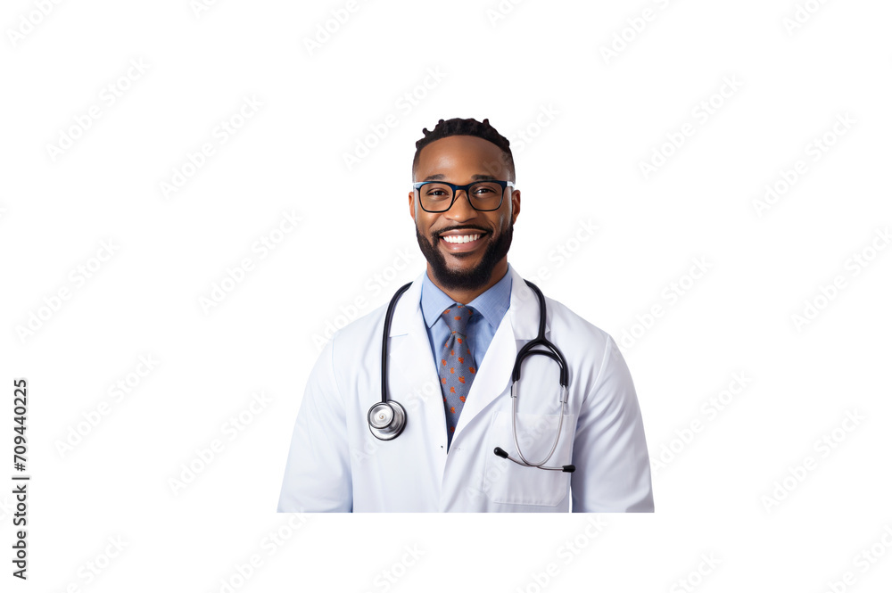 Fototapeta premium American doctor standing smiling looking at camera. Isolated. Transparent background.