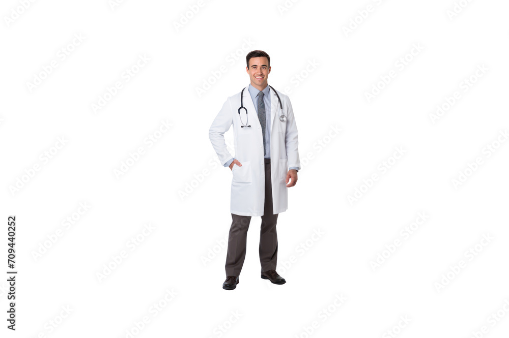 American doctor standing smiling looking at camera. Isolated. Transparent background.