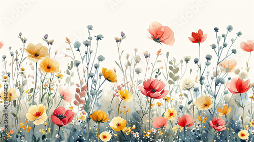 Watercolor meadow flowers illustration, vibrant poppy and wildflowers, floral background for greeting cards, wedding invitations, and wall art. AI Generative photo