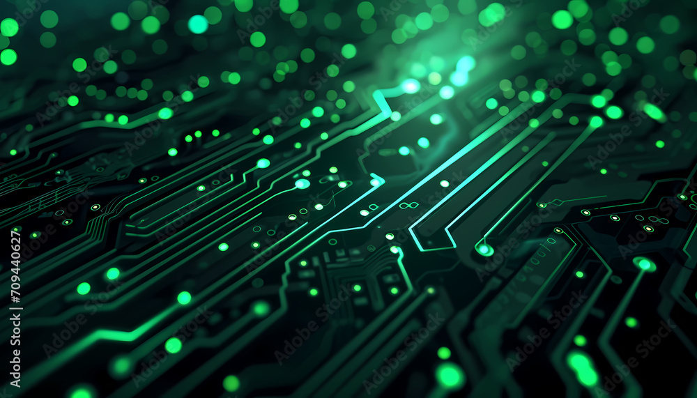 Green Glowing Circuit Board Closeup - An Intricate View of an Electronic Motherboard with Illuminated Pathways, Highlighting the Complex Design and Maze-like Appearance Green Glowing Circuit Board Closeup - An Intricate View of an Electronic Motherboard with Illuminated Pathways, Highlighting the Complex Design and Maze-like Appearance