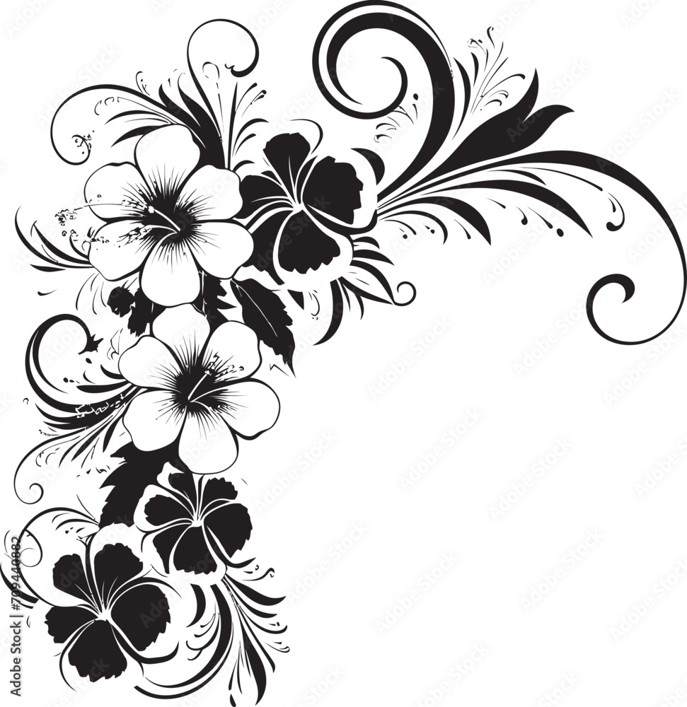 Bountiful Beauty Chic Decorative Corner Logo in Monochrome Floral Flourish Elegant Black Emblem with Decorative Floral Corners