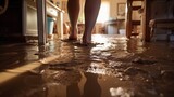 A closeup of muddy footprints in a flooded home tells the story of a familys desperate attempt to salvage their belongings before evacuating.