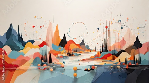 Abstract colorful background with dots, lines, spots and geometric shapes.