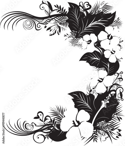 Petals of Panache Monochrome Vector Logo with Floral Corners Opulent Orchids Sleek Black Emblem Highlighting Decorative Floral Design