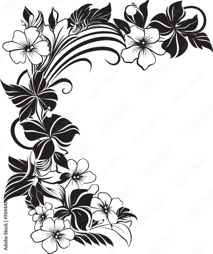Whimsical Whorls Monochrome Vector Logo Featuring Decorative Corners Blossom Bliss Sleek Black Icon Featuring Decorative Corners