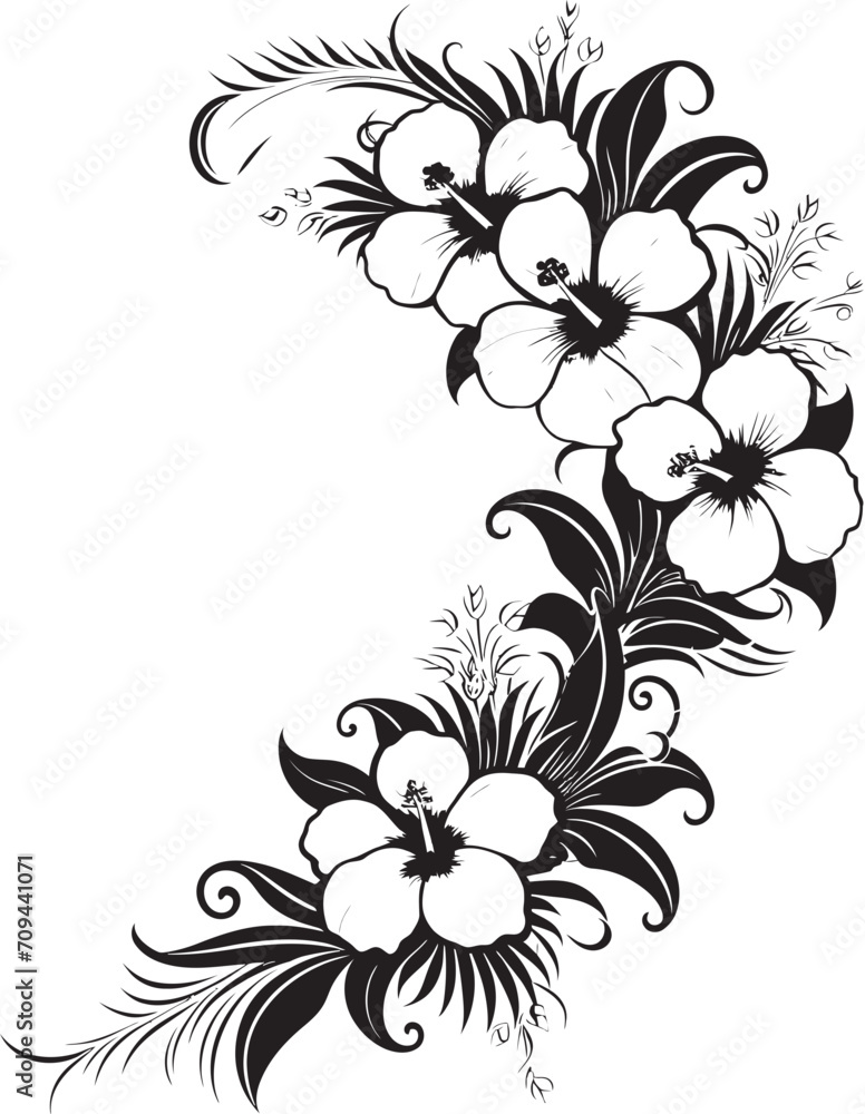 Graceful Garland Monochrome Icon Featuring Decorative Corners Opulent Orchids Sleek Black Logo Design with Decorative Corners