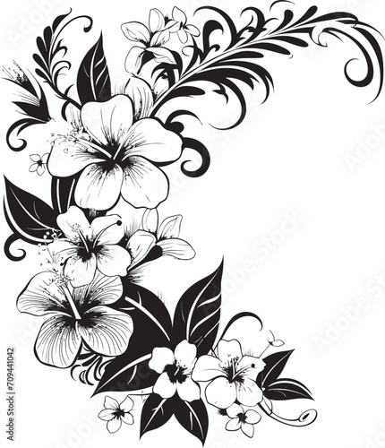 Botanic Bliss Monochrome Logo Design with Decorative Corners Intricate Petals Sleek Emblem Featuring Decorative Floral Design in Black