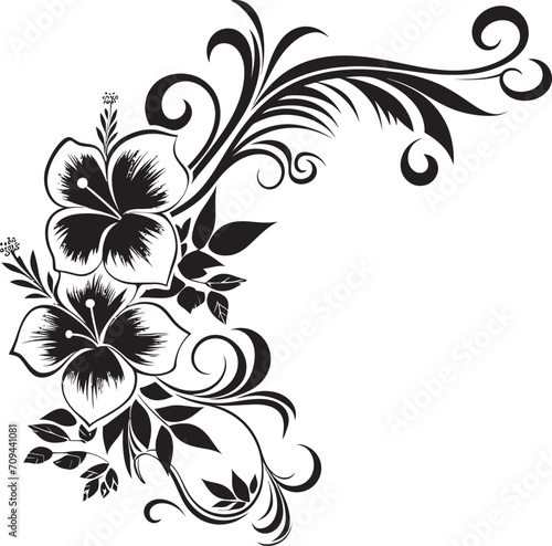 Blossom Bliss Sleek Black Icon Featuring Decorative Corners Enchanting Entwines Chic Emblem with Decorative Floral Design