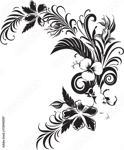 Petals of Panache Monochrome Vector Logo with Floral Corners Opulent Orchids Sleek Black Emblem Highlighting Decorative Floral Design