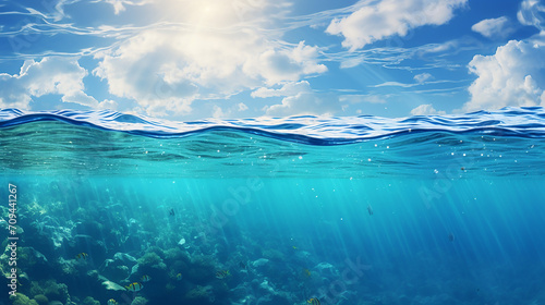 blue sea or ocean water surface and underwater with sunny and cloudy sky photo