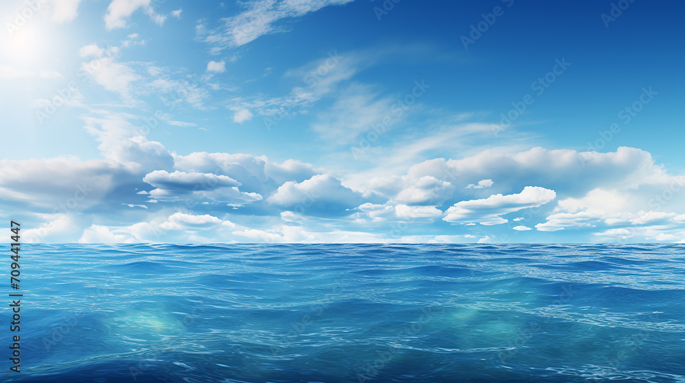 blue sea or ocean with sunny and cloudy sky