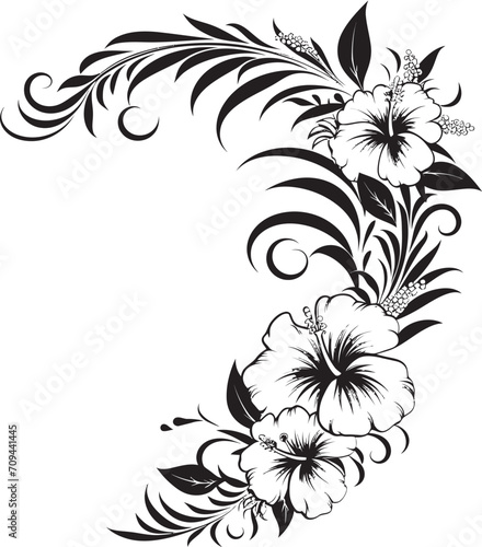 Petals in Panache Monochrome Emblem with Decorative Corners in Black Blossom Beauty Chic Vector Logo Featuring Decorative Floral Design