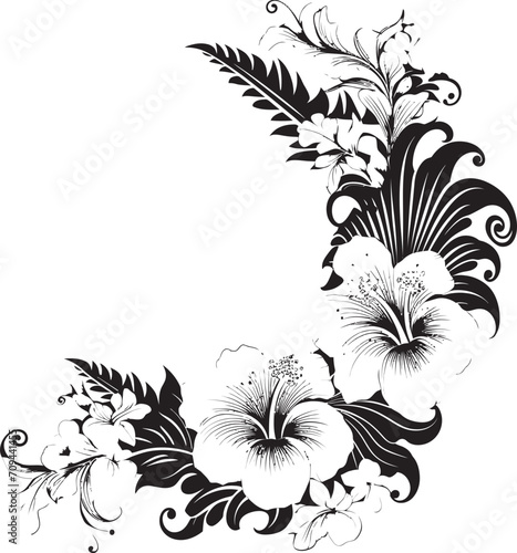 Opulent Orchids Chic Black Emblem with Decorative Floral Corners Floral Fantasy Monochrome Emblem Featuring Decorative Corners