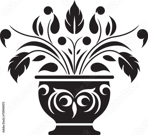 Pottery Panache Chic Black Vector Emblem Highlighting Plant Pot Green Harmony Sleek Logo Design with Decorative Plant Pot in Black