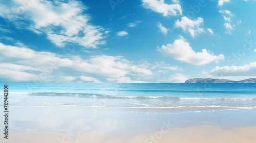 bright beautiful seascape sandy beach clouds reflection