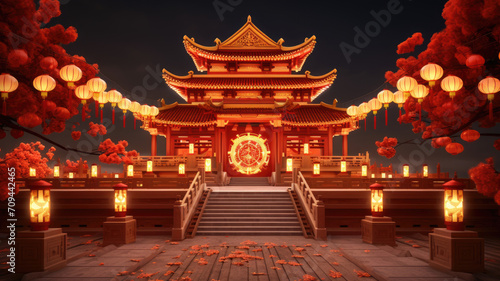 Chinese new year, Traditional Chinese lanterns display in Temple illuminated for Chinese new year festival, at night. Year of dragon, 2024. © ribelco