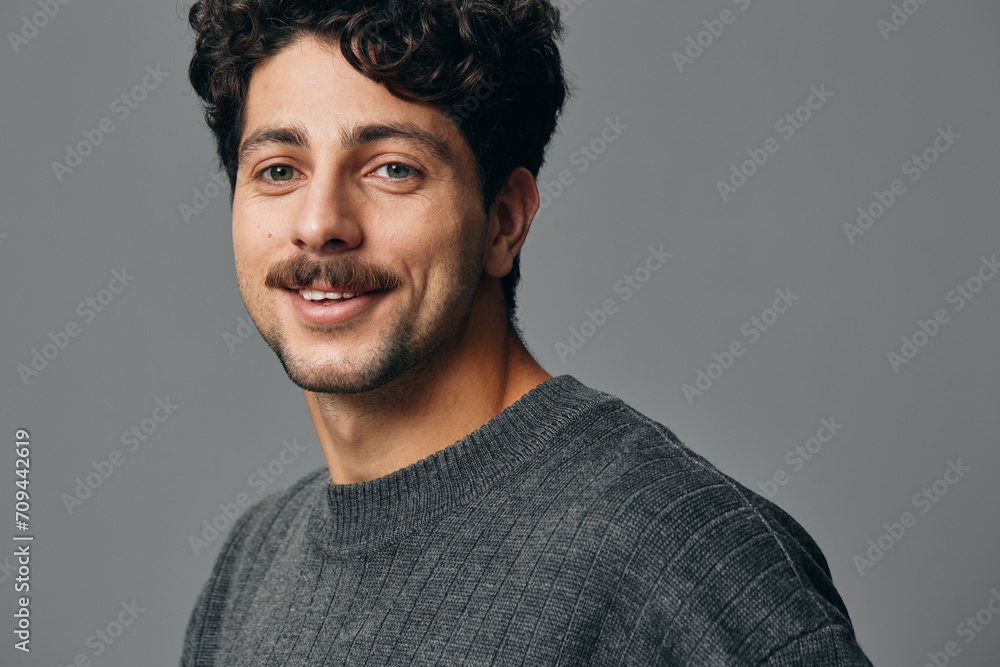 Fototapeta premium Portrait man handsome trendy copyspace sweater hipster face happiness smile adult fashion