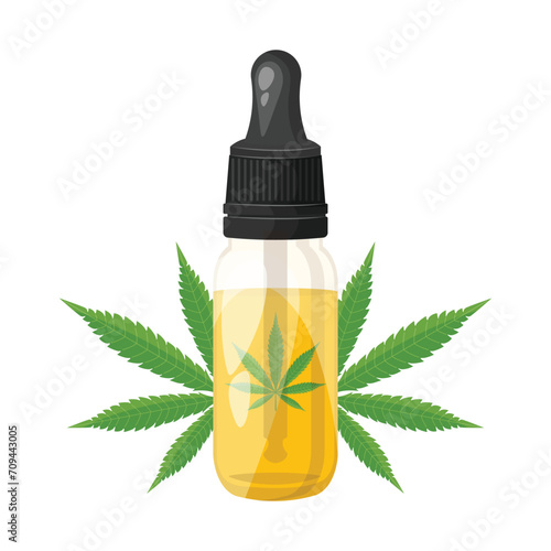 Hemp cannabis cbd oil. Medical oil with marijuana, weed, isolated on white background. Vector illustration in realistic cartoon style. Cannabis therapy.