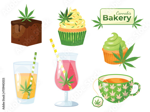 Hemp, cbd, cannabis bakery. Marijuana desserts. Cupcake, brownie, tea, lemonade, cocktail, juice. Vector illustration in realistic cartoon style. 