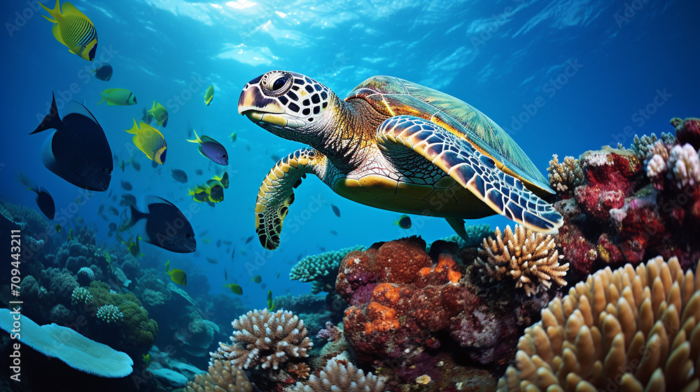 Fototapeta premium fish and turtle underwater on reef
