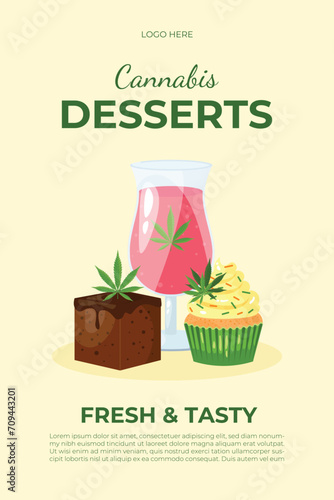 Cannabis desserts. Banner, Template, Poster. Marijuana cannabis hemp CBD desserts store. Vector illustration in realistic cartoon style. Lemonade, brownie, cupcake. 
