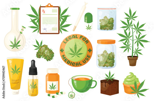 Cannabis hemp marijuana cbd elements set. Bong, doctor's prescription, joint, jar and package with cannabis buds, cannabis tree, cream, oil, pills, tea, brownie, cupcake in realistic cartoon style. 
