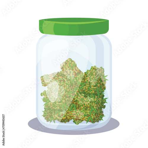 A jar of hemp buds, cannabis, marijuana. Vector illustration of jar with weed isolated on white background in realistic cartoon style. 
