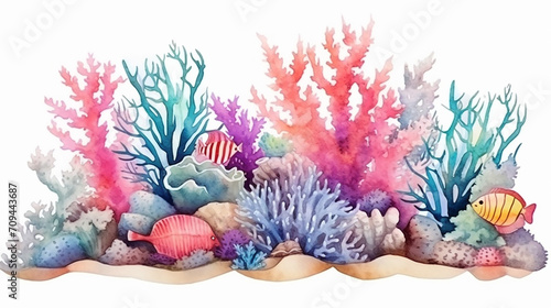 reef with colorful corals fish sponge anemones starfish on white background