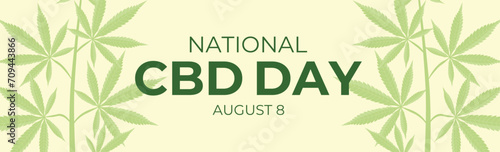 National CBD Bay August 8. Banner or poster in honor of the holiday for website. Yellow background with hemp, cannabis, marijuana leaves. Vector illustration. photo
