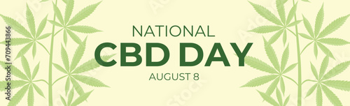 National CBD Bay August 8. Banner or poster in honor of the holiday for website. Yellow background with hemp, cannabis, marijuana leaves. Vector illustration.