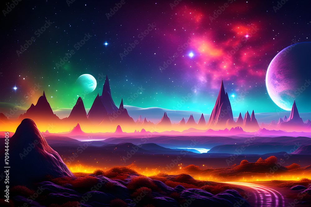 Fototapeta premium Gorgeous Extra-terrestrial Night View: A cartoon extraterrestrial view with a neon space background decorated with starry skies and various planets generative ai