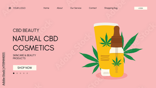 Skincare, beauty product. Natural CBD Cosmetics. Online marijuana cannabis hemp store. CBD cream and oil, flat style. Vector illustration. Template lending page. 