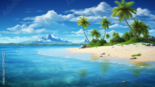 sandy tropical beach with island on background and beautiful blue sky © Aura