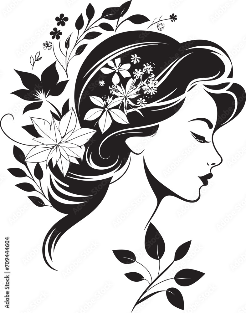 Whimsical Blooms Feminine Charm in a Black Floral Face Logo Elegance in Bloom Vector Black Logo with Floral Woman Face