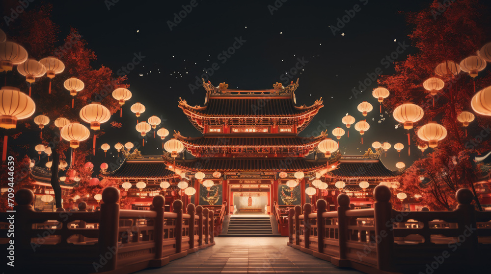 Chinese new year, Traditional Chinese lanterns display in Temple illuminated for Chinese new year festival, at night. Year of dragon, 2024.