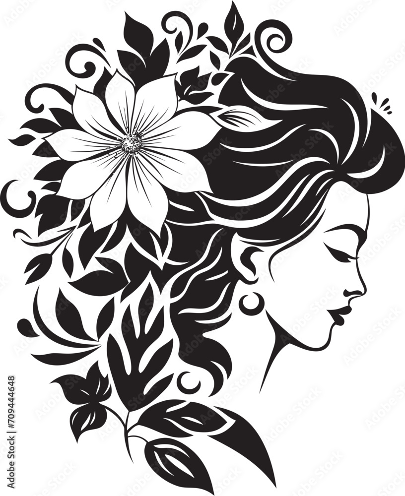 Radiant Rose A Black Logo Design Showcasing Floral Woman Face Graceful Gardenia Vector Black Logo with a Floral Woman Face Icon