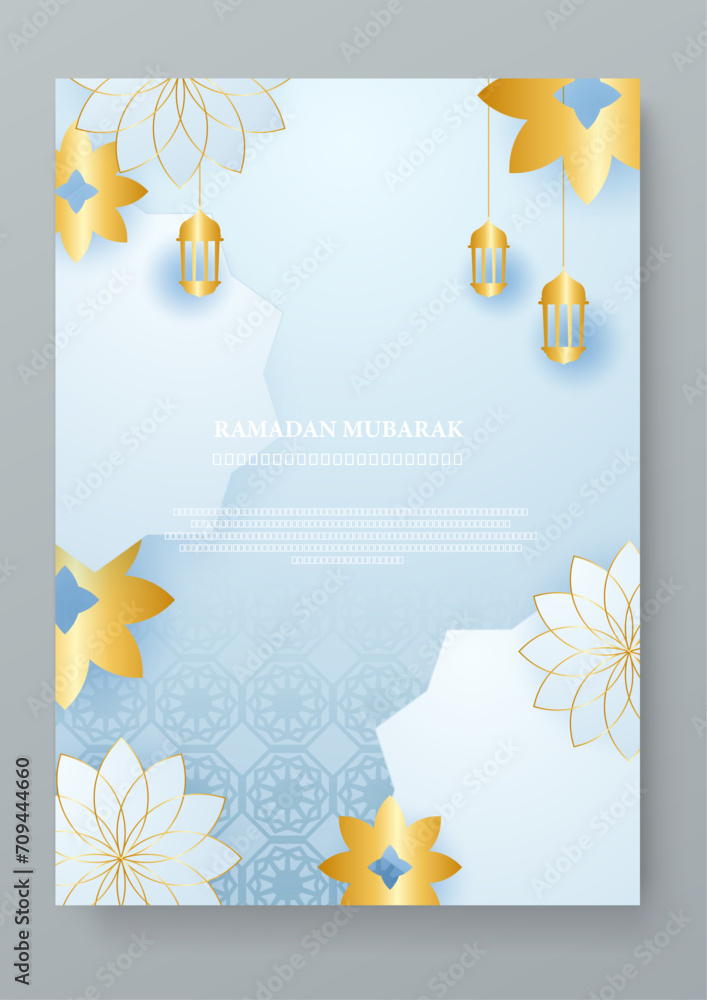 Naklejka premium Blue gold and white vector islamic ramadan kareem celebration greeting cards. Vector illustrations for greeting card, invitation card, website banner, social media banner, marketing material.