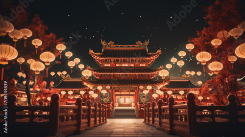 Chinese new year, Traditional Chinese lanterns display in Temple illuminated for Chinese new year festival, at night. Year of dragon, 2024.