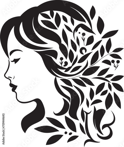 Ethereal Essence Vector Black Logo Capturing a Womans Face with Florals Blossom Elegance Black Logo Design Featuring a Floral Woman Face
