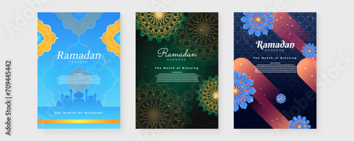 Colorful colourful islamic ramadhan kareem greeting card template with ornament and asset. Ramadan background for banner, greeting card, poster, social media, flyer, card, cover, or brochure