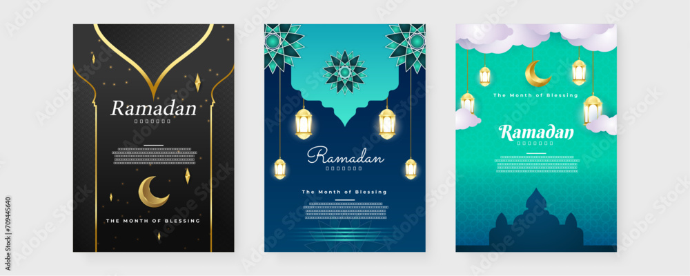 Colorful colourful vector greeting cards for islamic ramadhan kareem. Ramadan background for banner, greeting card, poster, social media, flyer, card, cover, or brochure - obrazy, fototapety, plakaty 