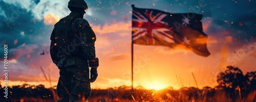 full body side silhouette of an Australian-soldier with double exposure of the Australian-flag in silhouette