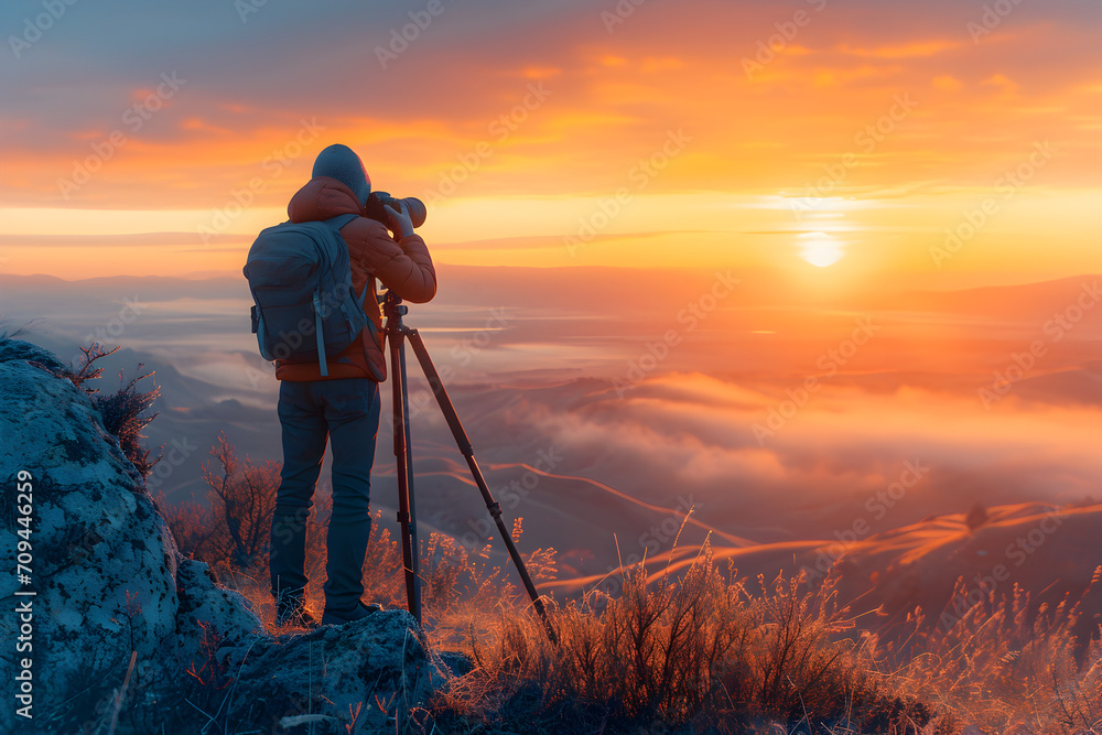 Man Capturing Sunrise at Mountain Top