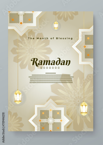 Gold white and beige islamic ramadhan kareem greeting card template with ornament and asset. Ramadan background for banner, greeting card, poster, social media, flyer, card, cover, or brochure