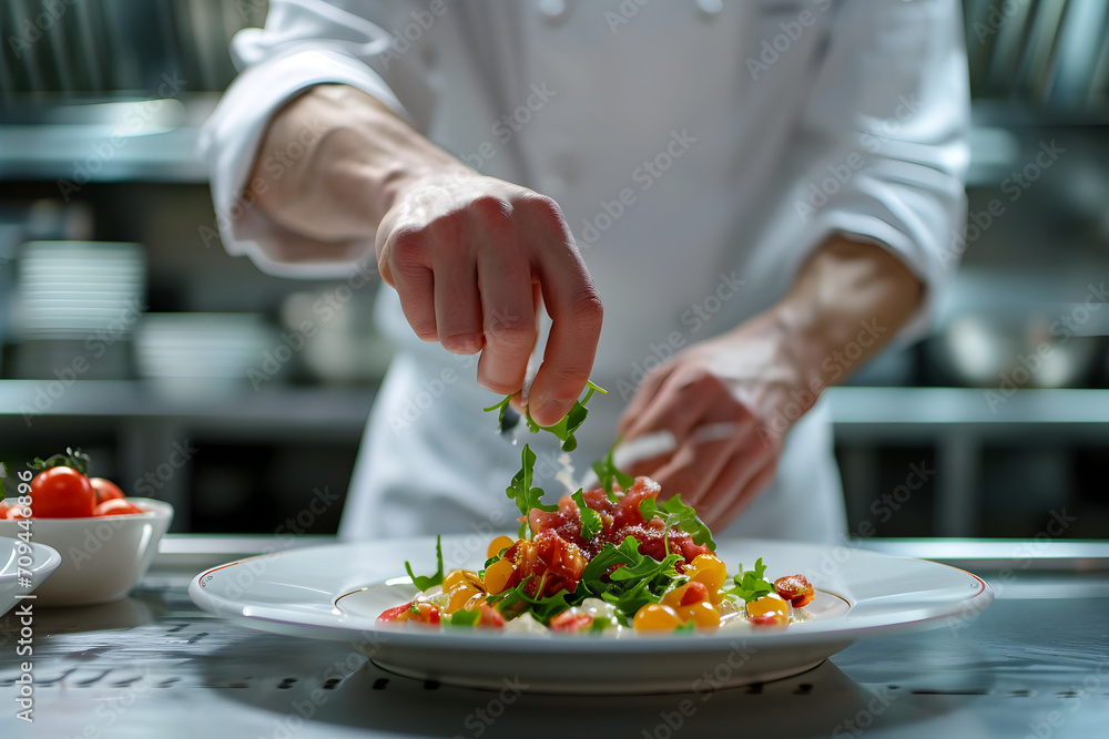 Chef Adding Vegetables to Dinner Plate
